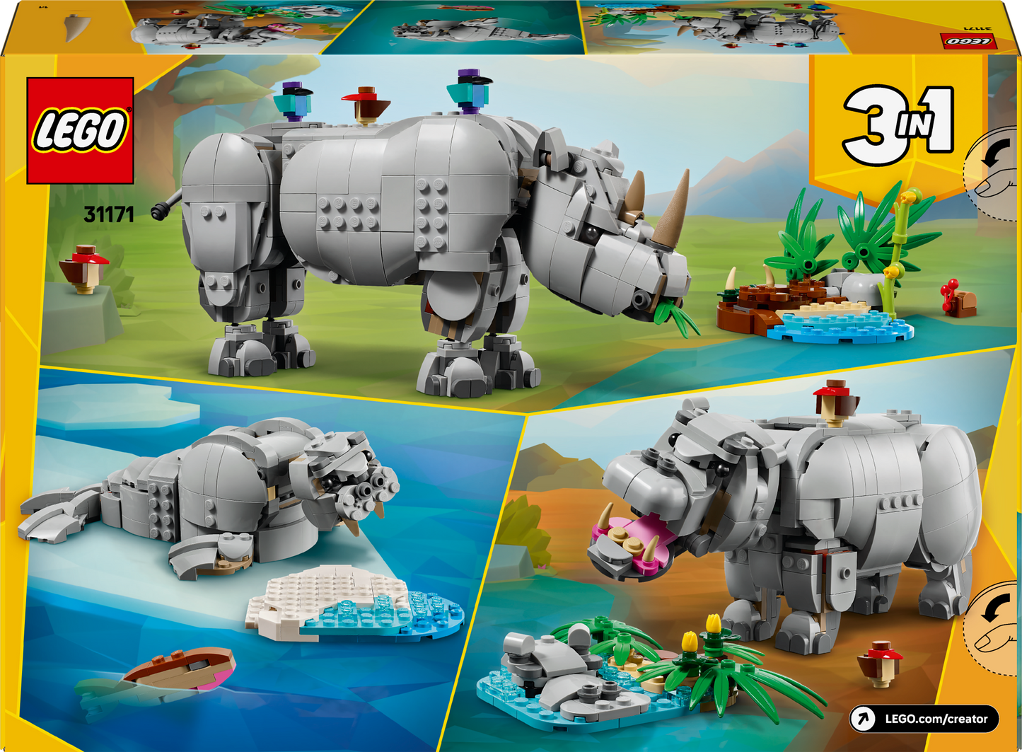 LEGO Wilde dieren: machtige neushoorn met vogels 31171 Creator