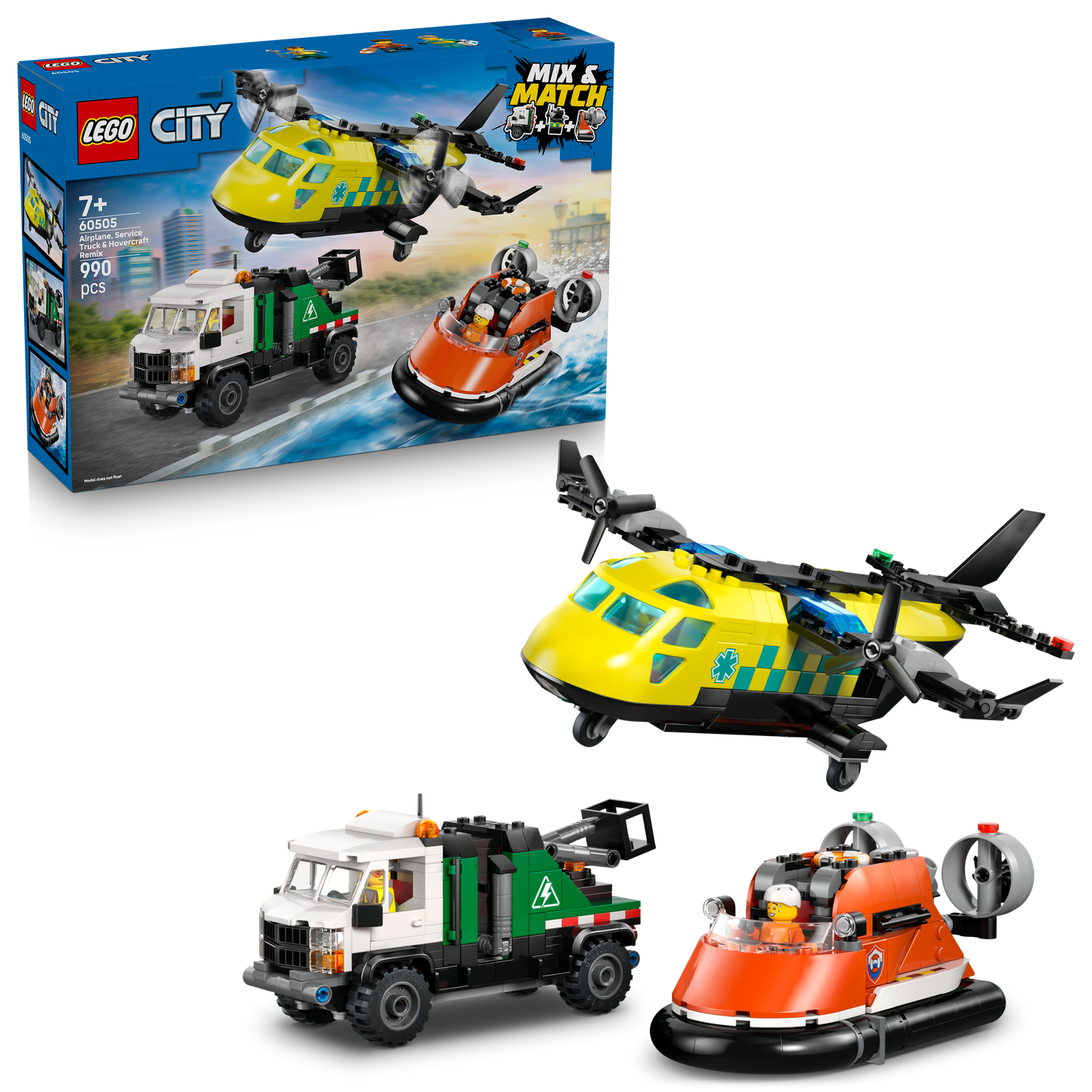 LEGO® City Vliegtuig, Servicewagen en Hovercraft Remix - Bouw- en Speelset met Hulpdienstvoertuigen - 60505