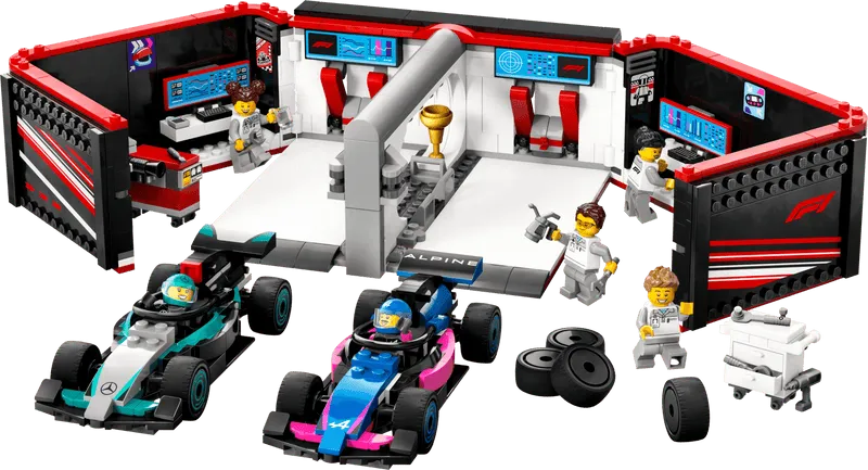 LEGO Pitbox met Mercedes AMG en Alpine F1 auto's 60444 City