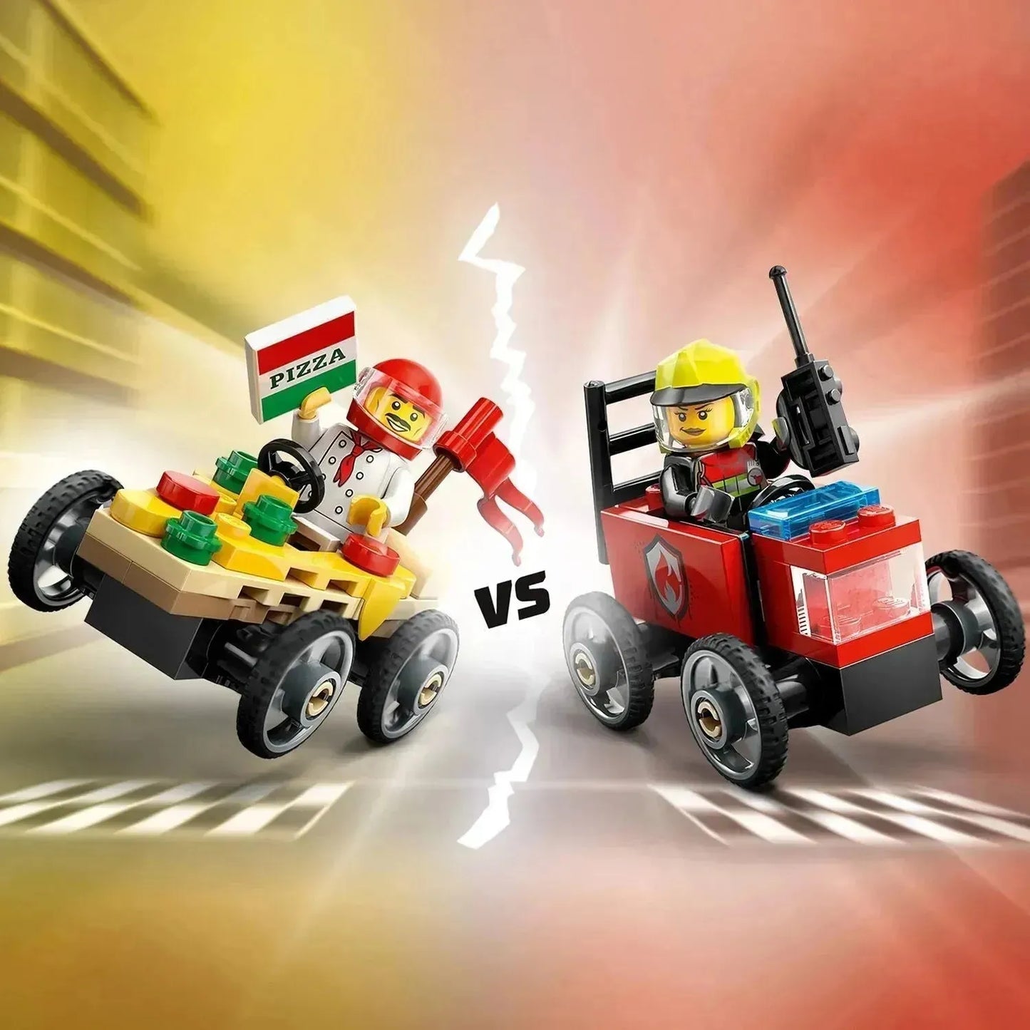 LEGO Raceauto pakket: pizzabestelwagen vs Brandweerwagen 60458 City